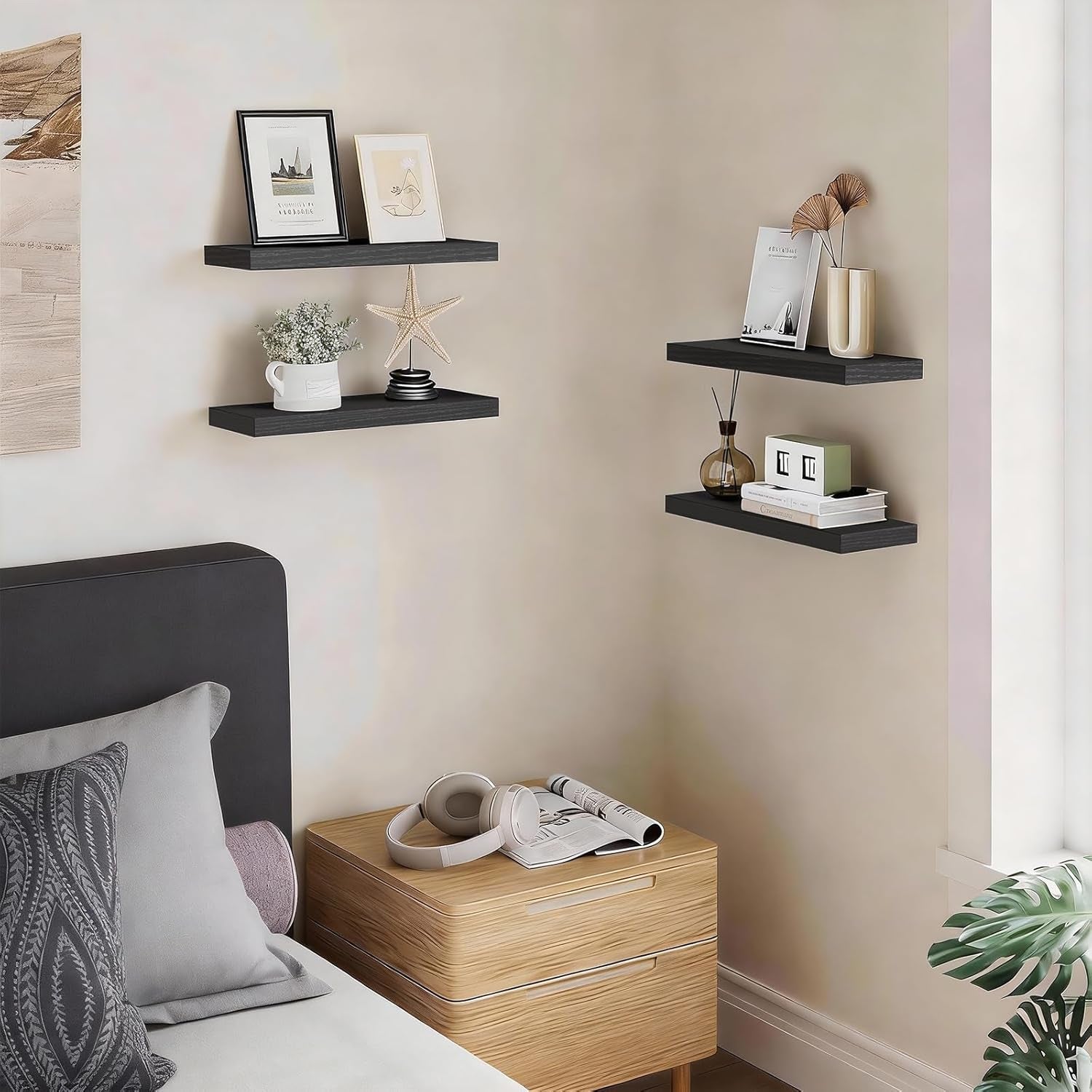 Floating Shelves for Wall, Wall Mounted Rustic Wood Shelves for Bathroom, Bedroom, Living Room, Kitchen, Hanging Shelf for Books/Storage/Room Decor with 22Lbs Capacity (Black, Set of 3, 15.7In) | Easy Install, 22Lbs Max Load, Hidden Bracket, Wall Shelves for Lego Plant Nursery Dorm Laundry Display, Multi-Wall Compatible