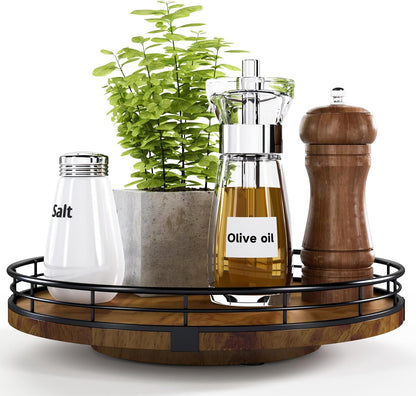 10-Inch Farmhouse Oak Lazy Susan Cabinet Organizer, Walnut Finish | Smooth Rotating Oak Tray with Walnut Finish for Dining Tables, Kitchen Counters, Pantries and Cabinet Storage.