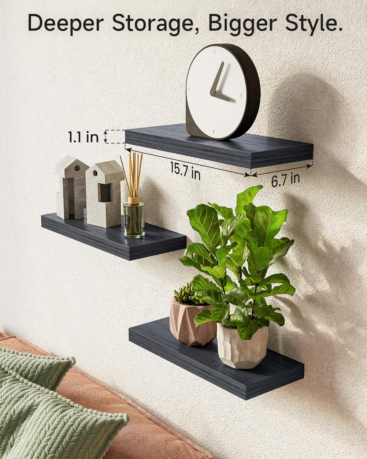 Floating Shelves for Wall, Wall Mounted Rustic Wood Shelves for Bathroom, Bedroom, Living Room, Kitchen, Hanging Shelf for Books/Storage/Room Decor with 22Lbs Capacity (Black, Set of 3, 15.7In) | Easy Install, 22Lbs Max Load, Hidden Bracket, Wall Shelves for Lego Plant Nursery Dorm Laundry Display, Multi-Wall Compatible