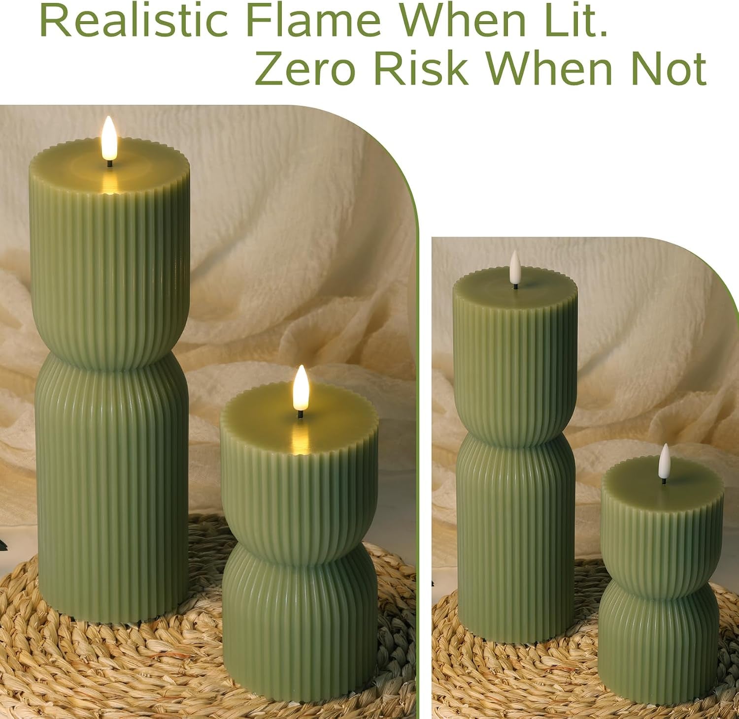 Olive Green Ribbed Flameless Pillar Candles with Remote Set of 2 | 2 AA Battery Powered, Flickering LED Decorative Candles, Home Shelf Table Decor, Real Wax Coating