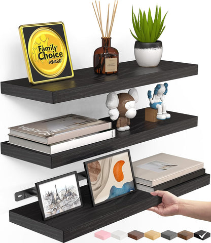 Floating Shelves for Wall, Wall Mounted Rustic Wood Shelves for Bathroom, Bedroom, Living Room, Kitchen, Hanging Shelf for Books/Storage/Room Decor with 22Lbs Capacity (Black, Set of 3, 15.7In) | Easy Install, 22Lbs Max Load, Hidden Bracket, Wall Shelves for Lego Plant Nursery Dorm Laundry Display, Multi-Wall Compatible