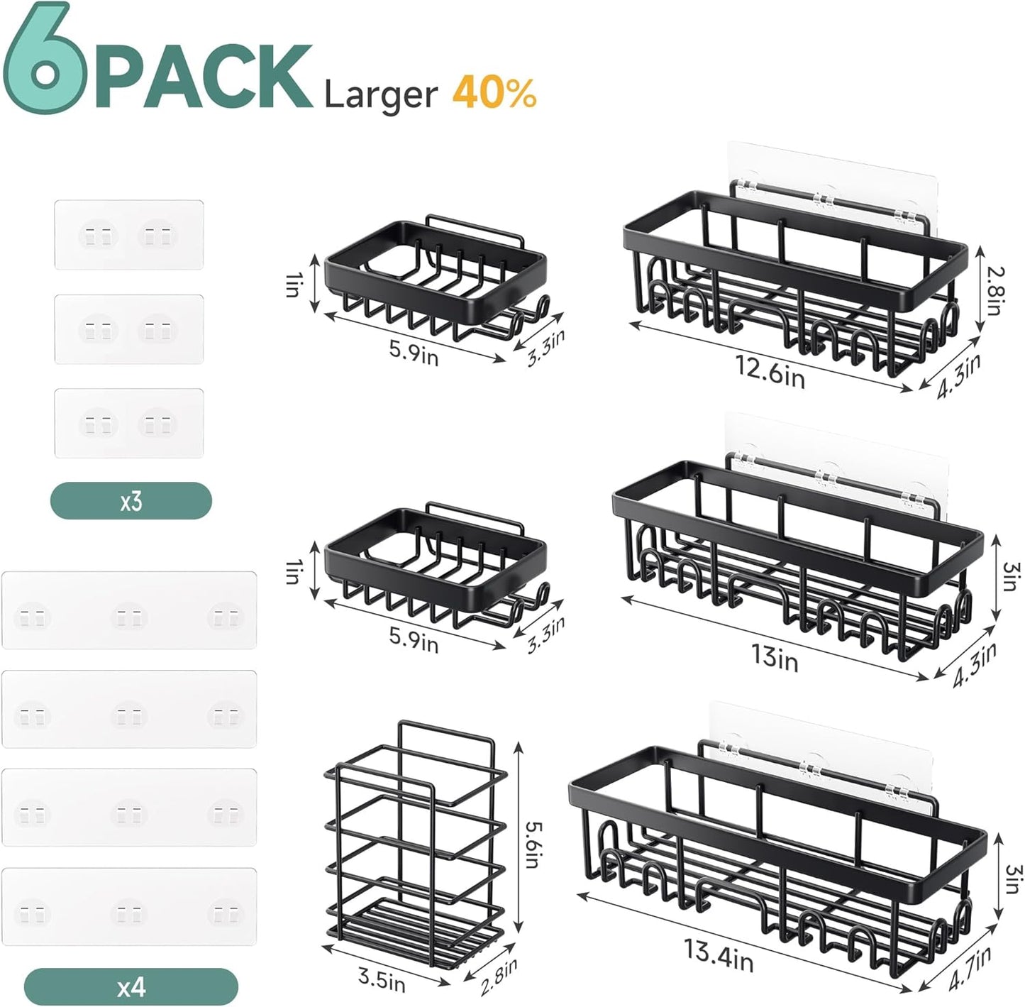 Shower Caddy 6-Pack, Bathroom Organizers and Storage Shelves, Black | Advanced Rustproof Design, Large Capacity, No Drilling, Adhesive Rack with Soap Holder, Wall-Mounted Kitchen & Home Decor