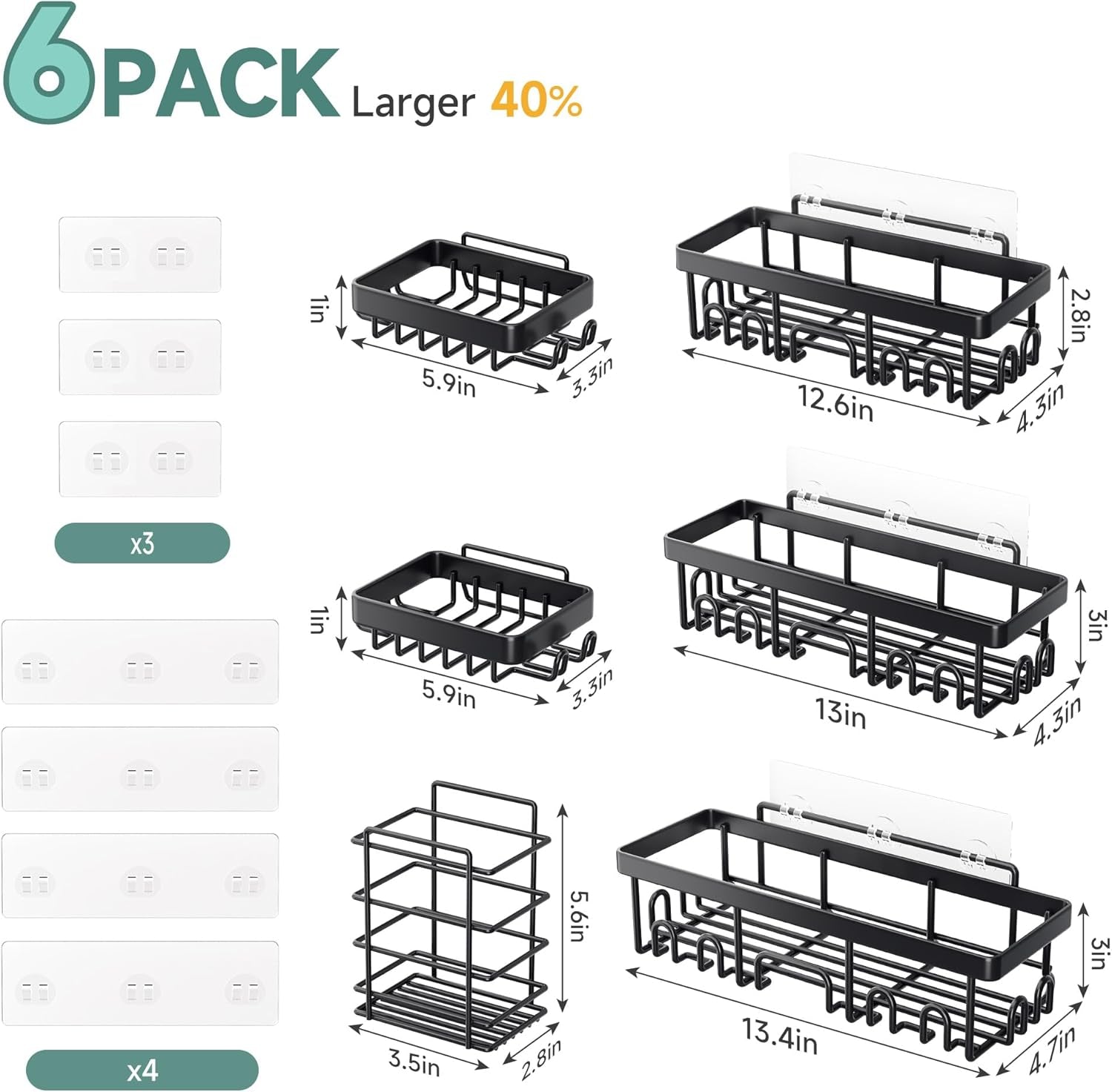 Shower Caddy 6-Pack, Bathroom Organizers and Storage Shelves, Black | Advanced Rustproof Design, Large Capacity, No Drilling, Adhesive Rack with Soap Holder, Wall-Mounted Kitchen & Home Decor