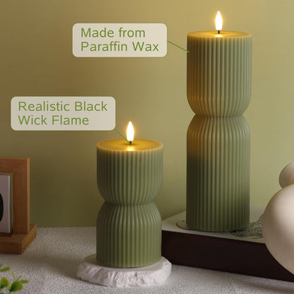 Olive Green Ribbed Flameless Pillar Candles with Remote Set of 2 | 2 AA Battery Powered, Flickering LED Decorative Candles, Home Shelf Table Decor, Real Wax Coating