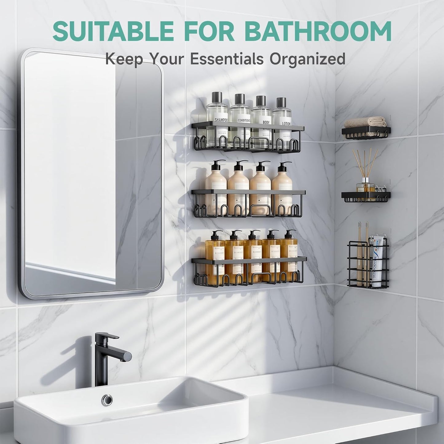 Shower Caddy 6-Pack, Bathroom Organizers and Storage Shelves, Black | Advanced Rustproof Design, Large Capacity, No Drilling, Adhesive Rack with Soap Holder, Wall-Mounted Kitchen & Home Decor