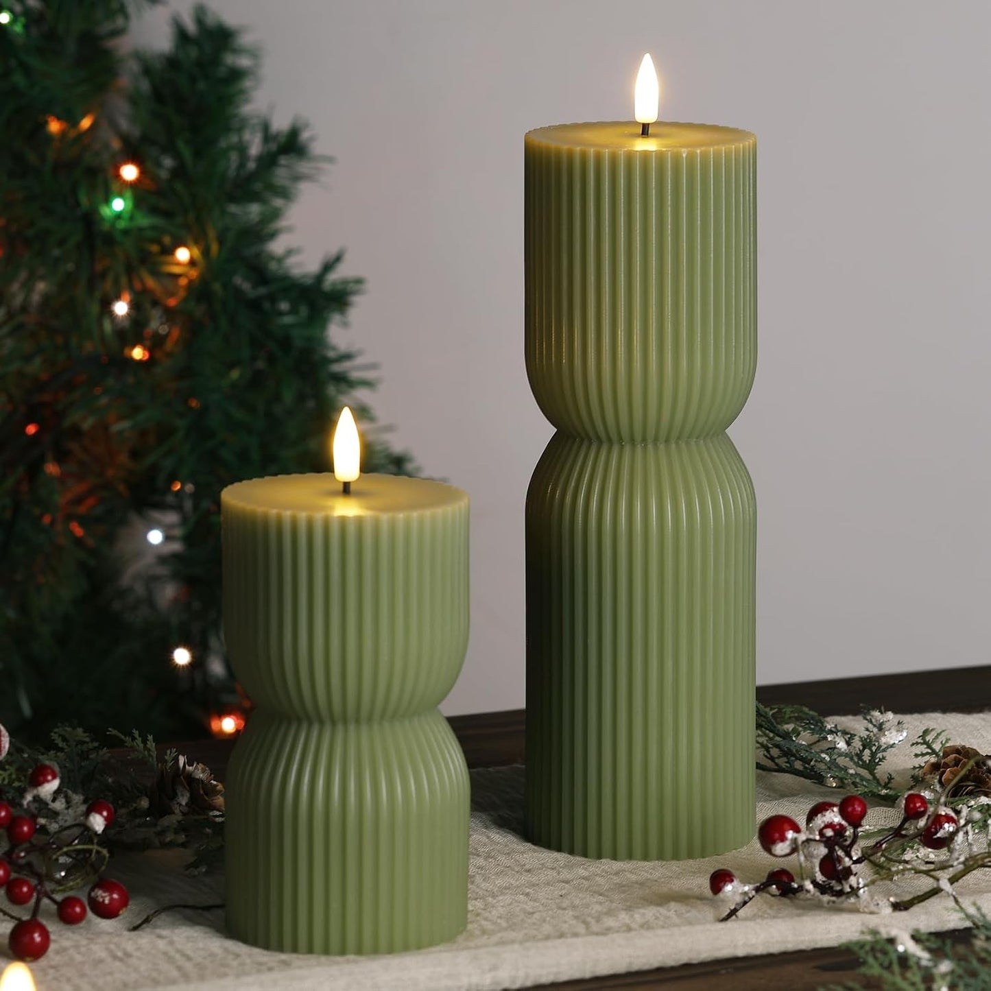 Olive Green Ribbed Flameless Pillar Candles with Remote Set of 2 | 2 AA Battery Powered, Flickering LED Decorative Candles, Home Shelf Table Decor, Real Wax Coating