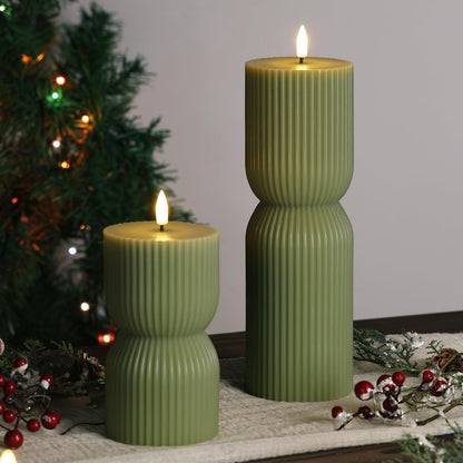 Olive Green Ribbed Flameless Pillar Candles with Remote Set of 2 | 2 AA Battery Powered, Flickering LED Decorative Candles, Home Shelf Table Decor, Real Wax Coating