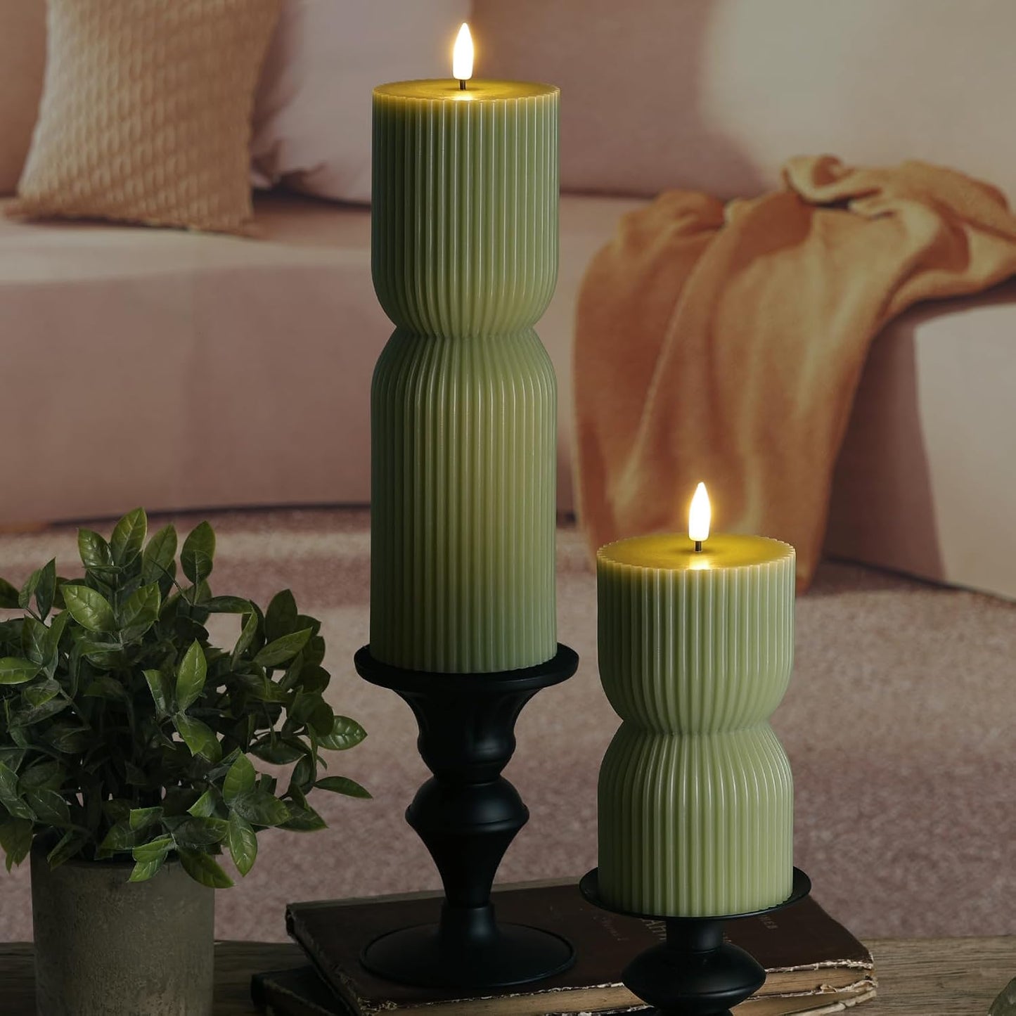 Olive Green Ribbed Flameless Pillar Candles with Remote Set of 2 | 2 AA Battery Powered, Flickering LED Decorative Candles, Home Shelf Table Decor, Real Wax Coating
