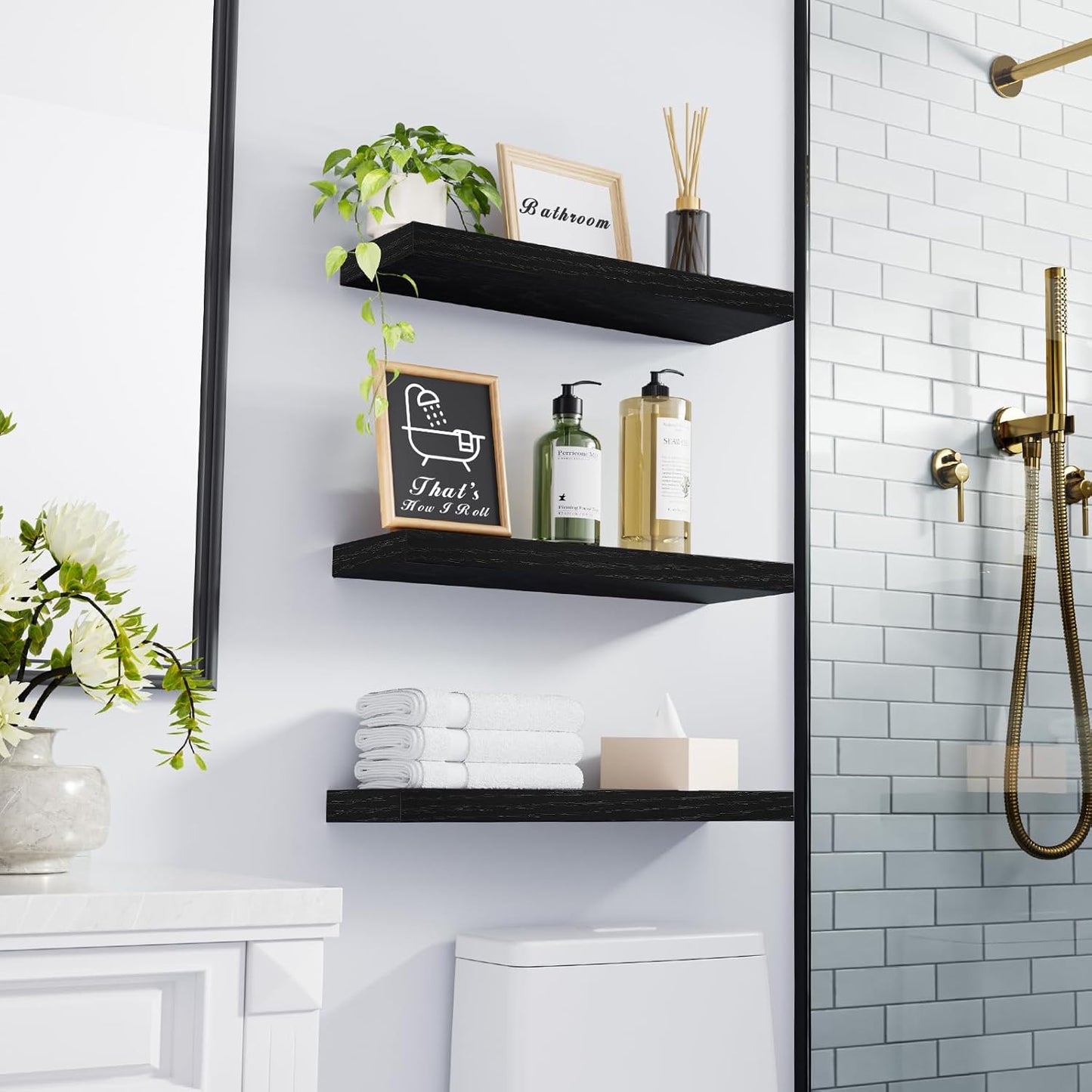 Floating Shelves for Wall, Wall Mounted Rustic Wood Shelves for Bathroom, Bedroom, Living Room, Kitchen, Hanging Shelf for Books/Storage/Room Decor with 22Lbs Capacity (Black, Set of 3, 15.7In) | Easy Install, 22Lbs Max Load, Hidden Bracket, Wall Shelves for Lego Plant Nursery Dorm Laundry Display, Multi-Wall Compatible