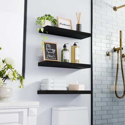 Floating Shelves for Wall, Wall Mounted Rustic Wood Shelves for Bathroom, Bedroom, Living Room, Kitchen, Hanging Shelf for Books/Storage/Room Decor with 22Lbs Capacity (Black, Set of 3, 15.7In) | Easy Install, 22Lbs Max Load, Hidden Bracket, Wall Shelves for Lego Plant Nursery Dorm Laundry Display, Multi-Wall Compatible